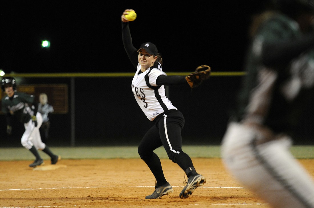 Braden River High senior Courtney Mirabella had 14 strikeouts in the Lady Pirates 3-0 win over Lakewood Ranch Feb. 28.