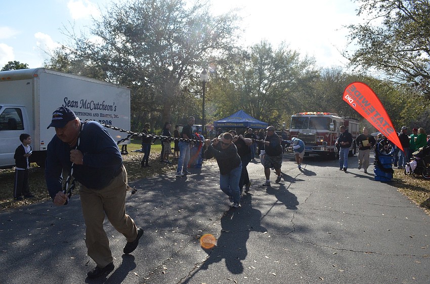 Station 8 pulled the 40,000-pound fire truck 150 feet in 33 seconds.