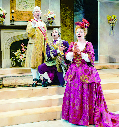 Corey Crider as Belfiore, Stefano de Peppo as the Baron, and Jennifer Feinstein as the Marchesa in Verdi's "A King for a Day." Photo courtesy of Rod Millington and Sarasota Opera.