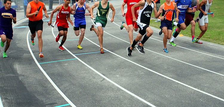 The boys start off running in the 4x800 relay, Friday, March 1, at the Ram Invitational.