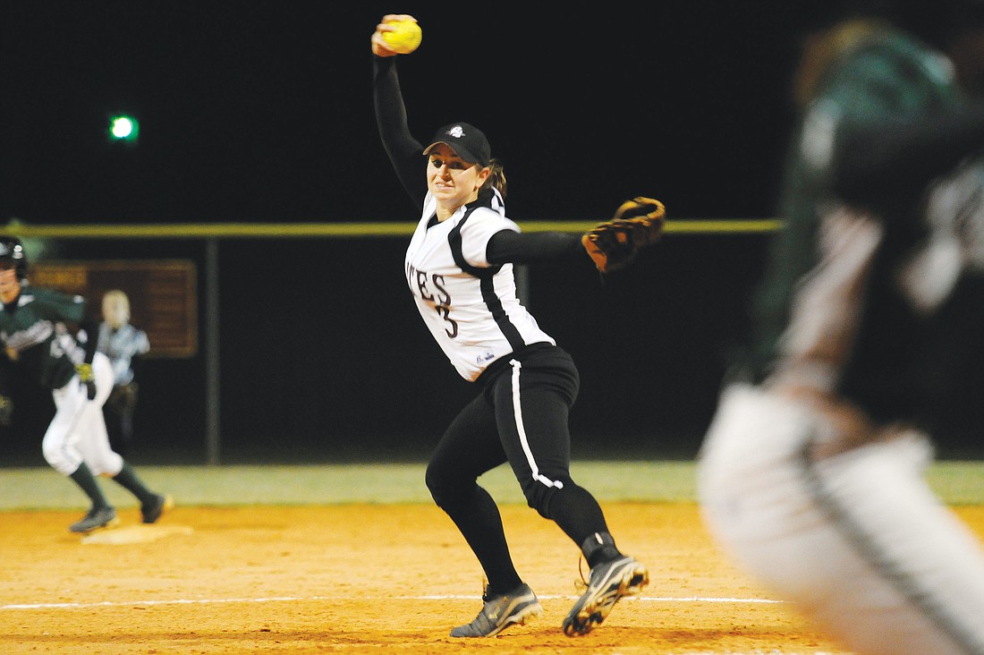 Braden River senior Courtney Mirabella pitched a complete game shutout, allowing four hits and three walks while striking out 14.