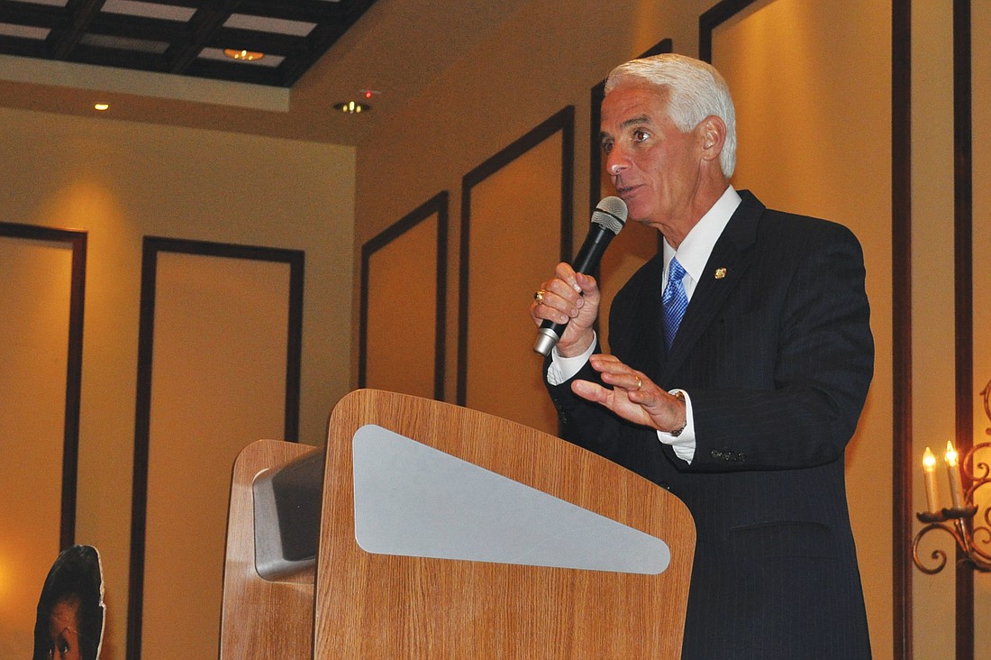 Former Republican Florida Gov. Charlie Crist, who recently switched to the Democratic Party, vowed to turn Ã¢â‚¬Å“Manatee County blueÃ¢â‚¬Â during an appearance at the annual Manatee County Democratic Awards banquet.