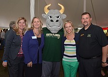 Heather Kasten, Kim Dalgish and University of South Florida Sarasota-Manatee mascot Rocky with Brittany Lamont and Jay Riley