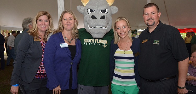 Heather Kasten, Kim Dalgish and University of South Florida Sarasota-Manatee mascot Rocky with Brittany Lamont and Jay Riley