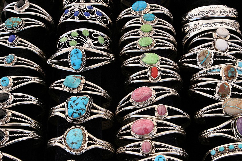 Native American style sterling silver and gemstone jewelry was on display inside Nez Bâ€™s Jewelry tent.