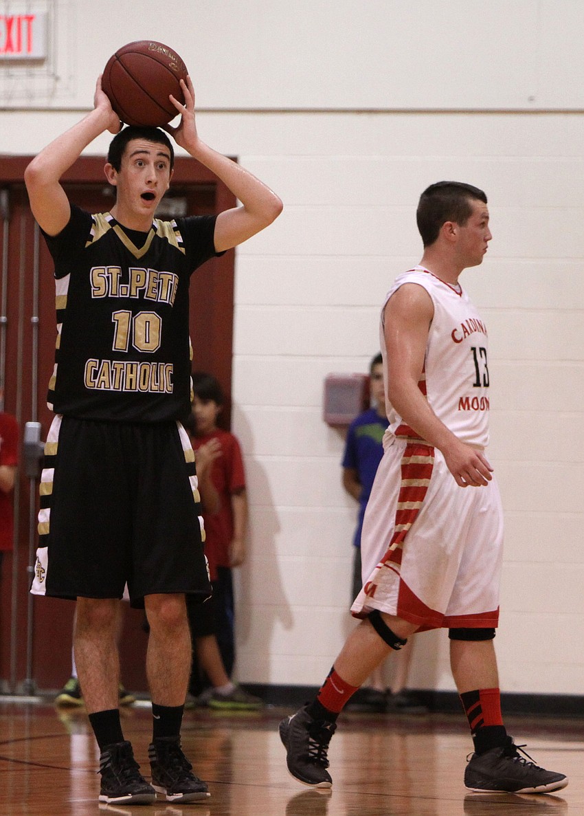 St. Petersburg Catholicâ€™s Mike Fridella, No. 10, reacts to a call made by the referees during Tuesday nightâ€™s semi-final game at Cardinal Mooney.