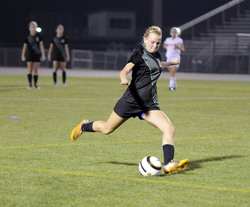 Lakewood Ranch defender Tatum Young sends a cross into the box, which resulted in a goal.