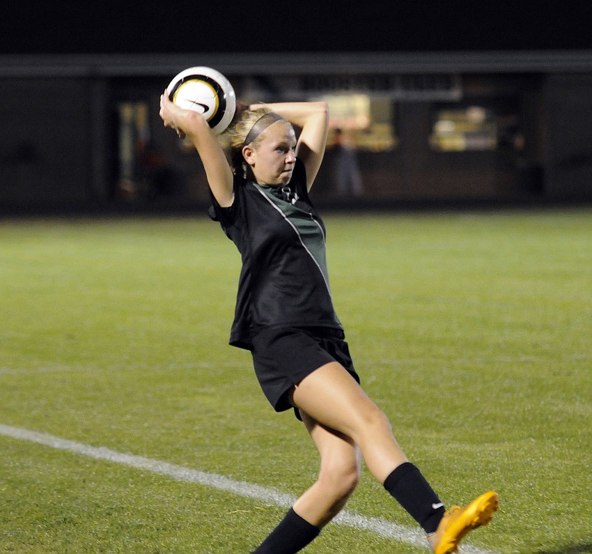 Lakewood Ranch defender Tatum Young prepares to the throw the ball in for the Lady Mustangs.