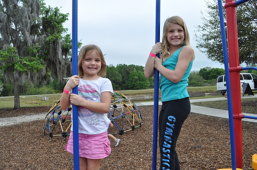 Skye and Anna Gongas tried to stay balanced before the egg hunt.