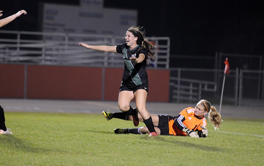 Lakewood Ranch forward Angelica Rego celebrates following her goal in the 36th minute of the match.