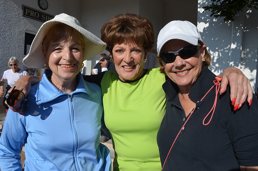 Betty Gruber, Velma Bernstein and Barbara Bernstein get ready to go on the morning walk