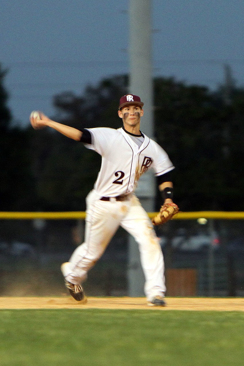 Riverviewâ€™s Dustin Hamilton, No. 2, throws to the ball to first base.