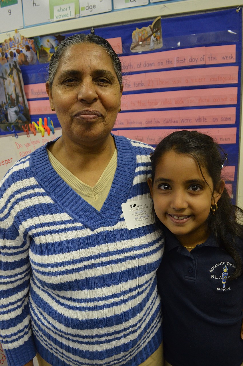 Grandmother Annie Thomas came to visit her granddaughter first-grader Nishalle Uthuppan from India.