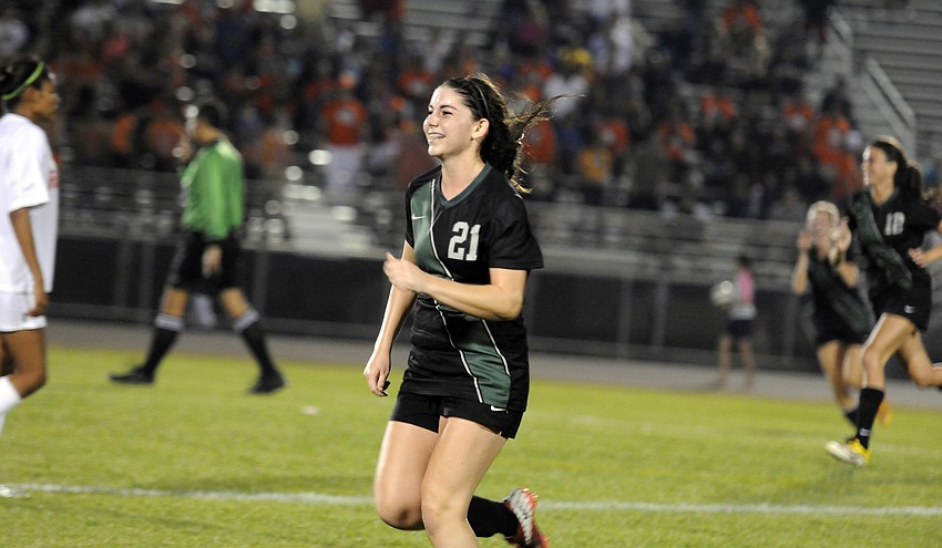 Angelica Rego reacts following Lakewood Ranchâ€™s 1-0 victory over Plant City in the Class 4A-Region 3 finals Jan. 29.