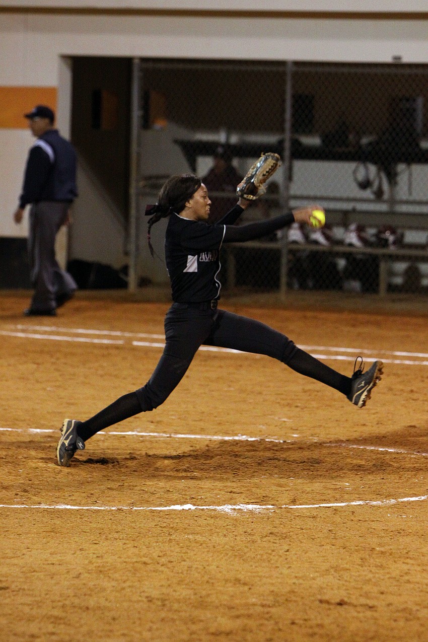 Riverviewâ€™s Victoria Groves, No. 1, goes to throw a pitch from the mound.