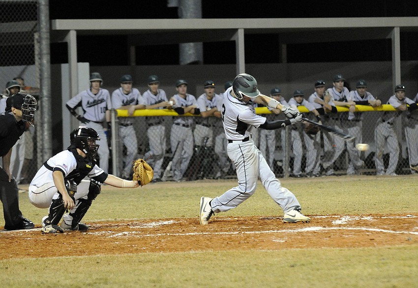 Lakewood Ranch junior shortstop Justin Greenaway makes contact during the top of the second inning.