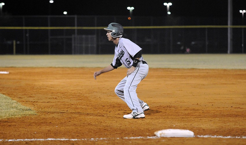 Lakewood Ranch junior Joey Ambrosino leads off from first base.
