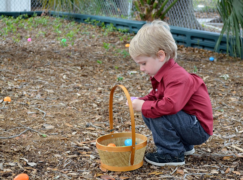 Kepler Henry examines an egg before placing it in his basket.