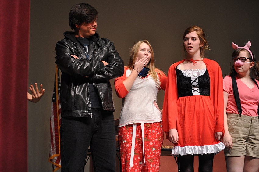 Nathan Evens, playing Hansel; Maddison Jordan, as Sleeping Beauty; DeAnne Sipes and Emily Gartenberg posed as the curtains closed.