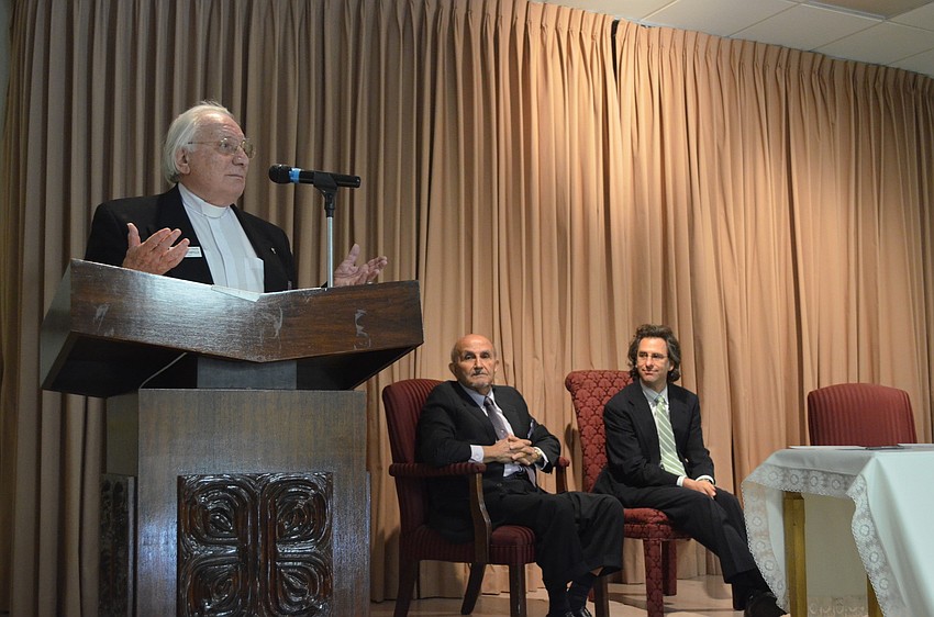Father Fausta Stampiglia introduces Hassan Hammami of the Islamic Community of Southwest Florida and Rabbi Brenner Glickman of Temple Emanu â€“ El.
