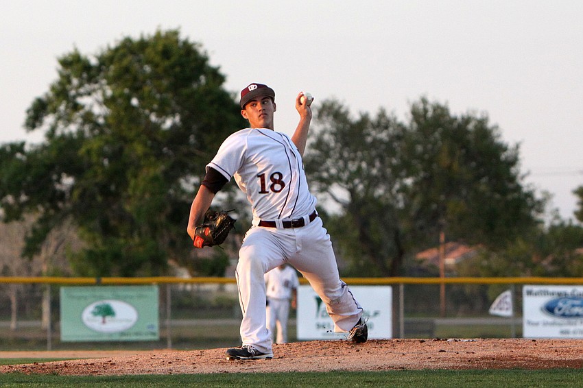 Riverviewâ€™s Jake Davey, No. 18, pitches to one of Cardinal Mooneyâ€™s players during Tuesday nightâ€™s game at Twin Lakes Park.