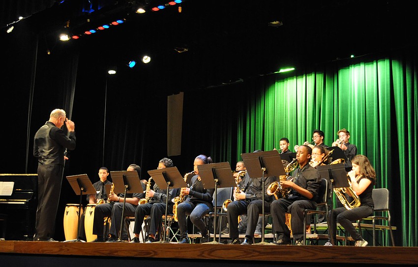 The Booker Junior High School Jazz Band performs for the panel of judges.