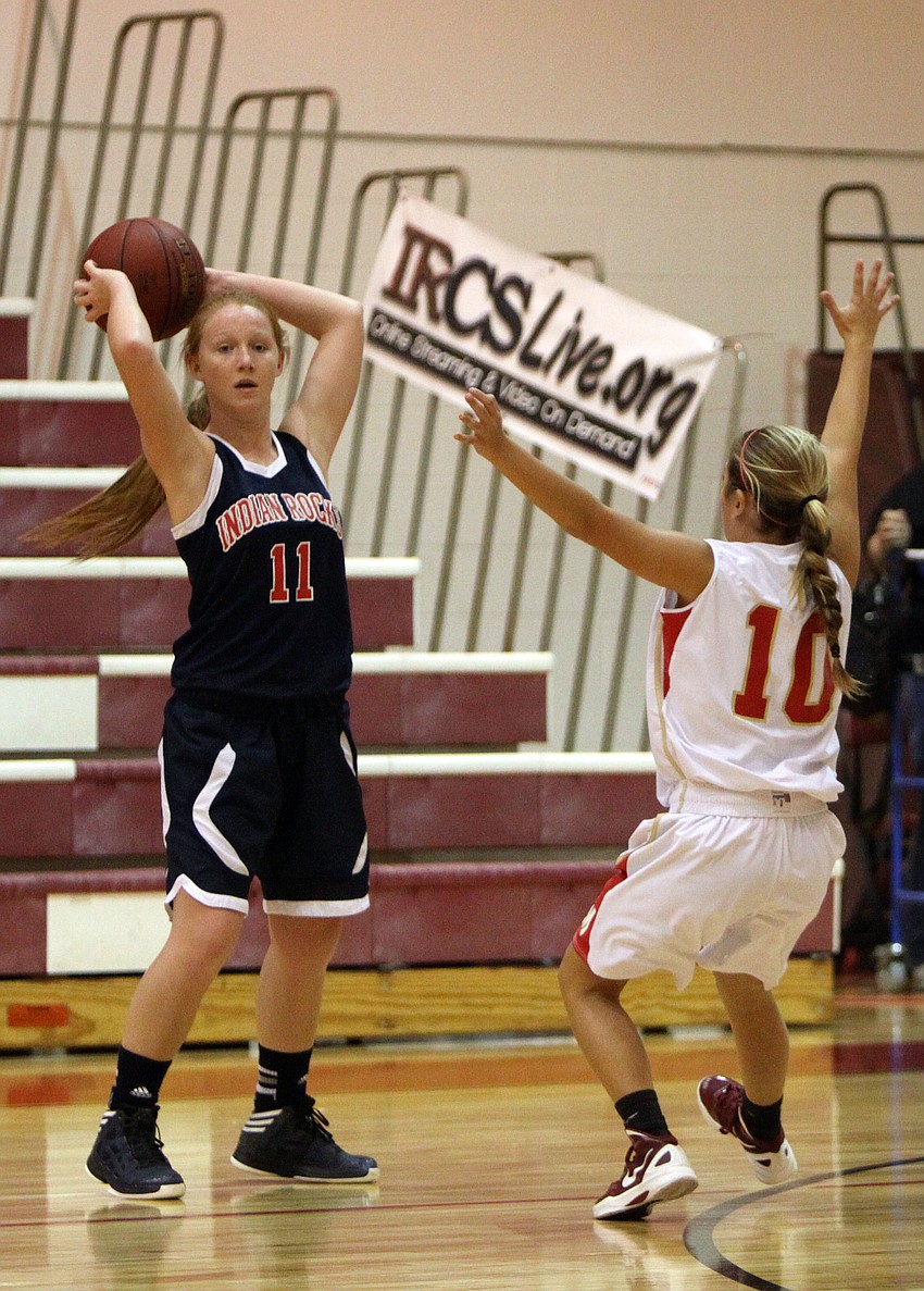 Cardinal Mooneyâ€™s Katie Hebda, No. 10, guards Indian Rocksâ€™ Rebecca Lizotte, No. 11.