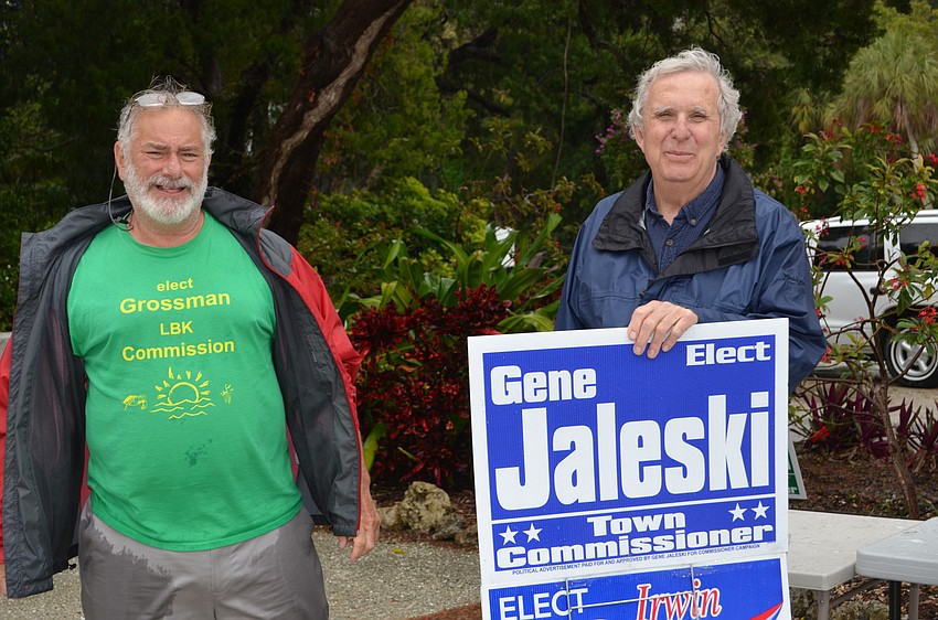 Challengers Larry Grossman, left, and Gene Jaleski campaign in front of Longboat Island Chapel Tuesday.