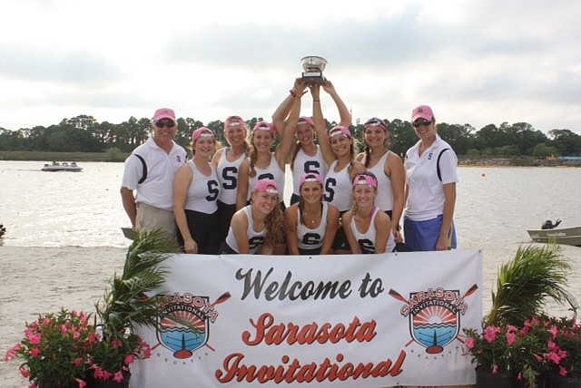 Girl's V8+ Diamond Cup Winners Sarasota Crew
Coach Marty Beyer, Allie Pitchford, Kate Flanders, Christina Warren, Devin Norder, Shawna Sims, Kiersten Luginbill, Coach Kirby Gallie Gant, (front) Tara Strauss, Emily Goff, and Katie Molinari
