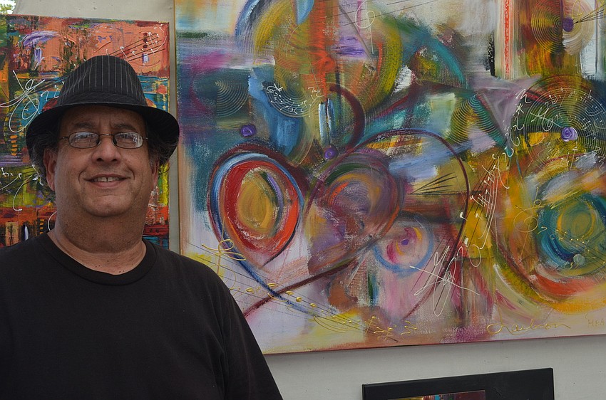 Jeff Laibson hs been painting for 40 years. When he paints one of his contemporary music related pieces he writes a song as well. He was once a jazz professor.
