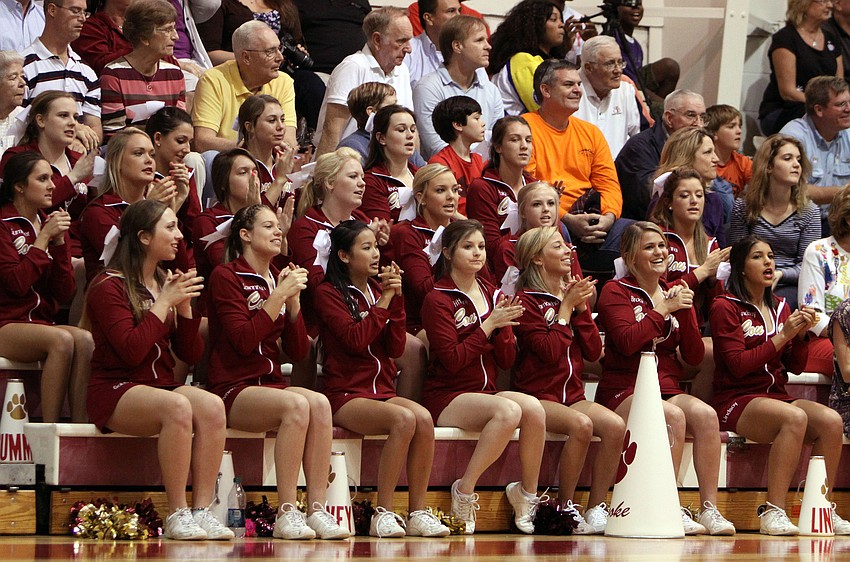 The Cardinal Mooney cheerleaders chant from the stands.