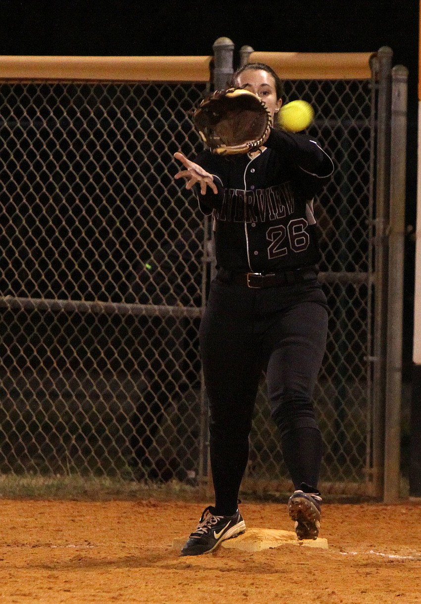 Riverviewâ€™s Taylor Johnson, No. 26, put her glove up to catch the ball thrown from the pitcherâ€™s mound.