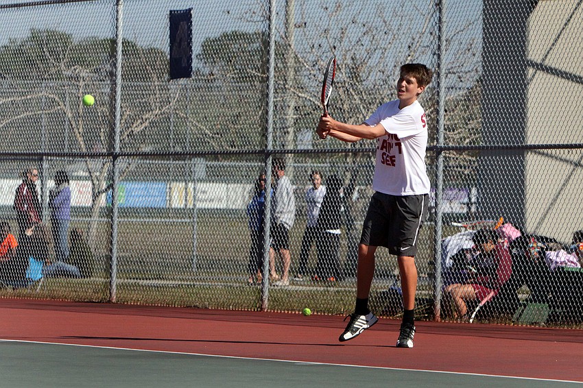 Riverviewâ€™s Austin Hirshman hits a backhand shot.