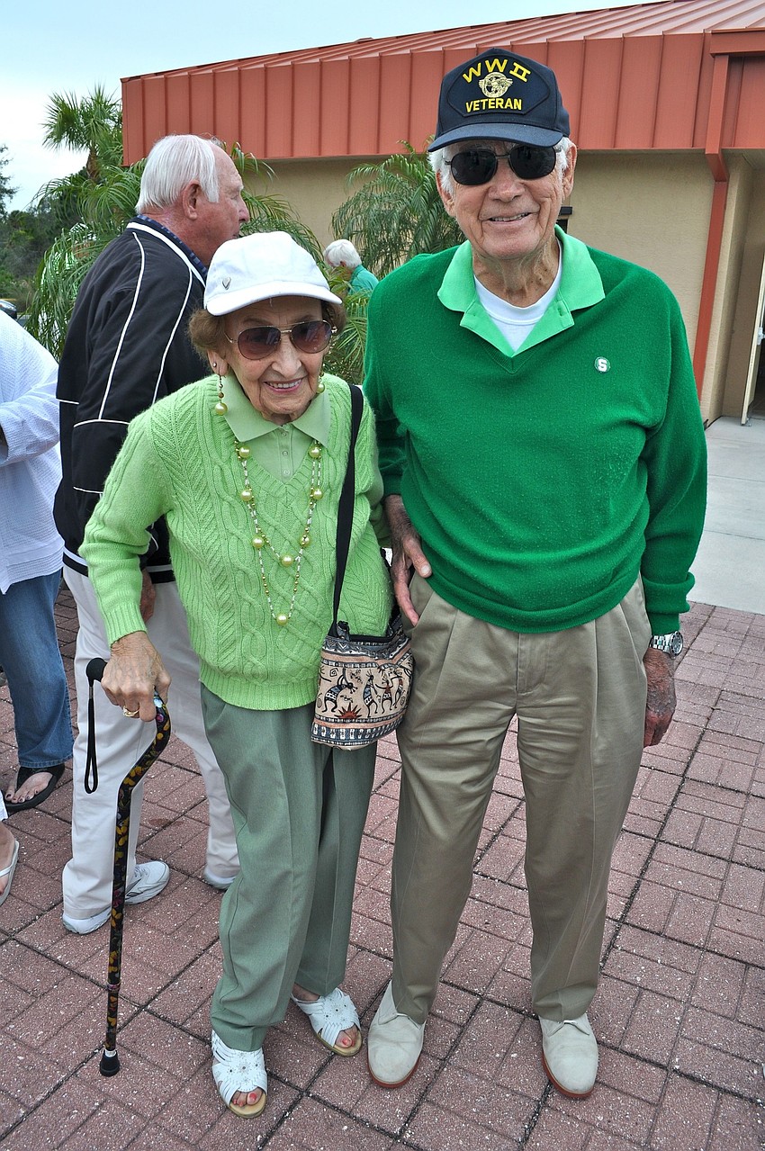Geri and Fay Cunningham wait in line for food.