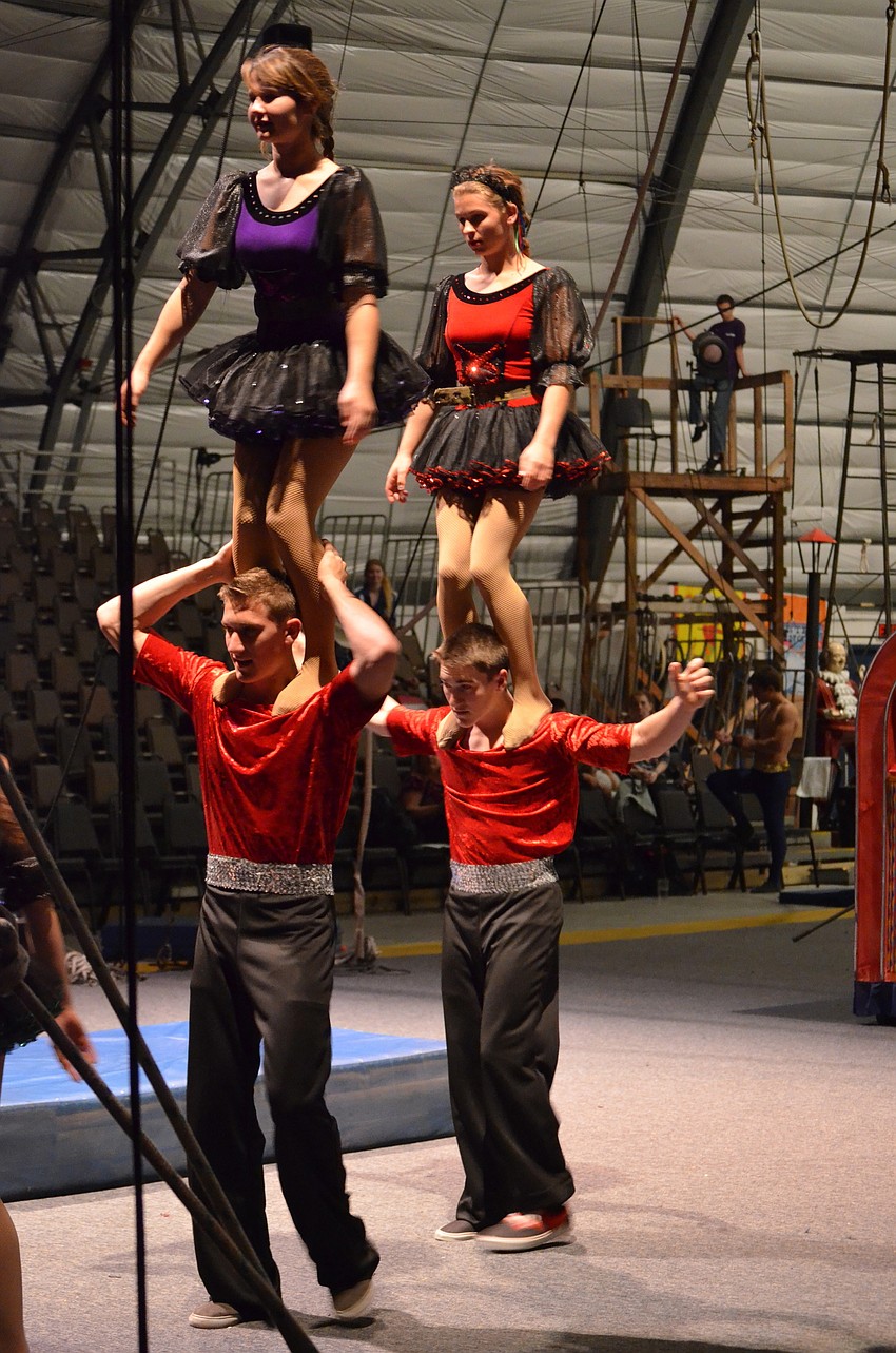 Louis Esclangon, Grace Gordon, Alex Bryant and Charley Leonard on teeterboard