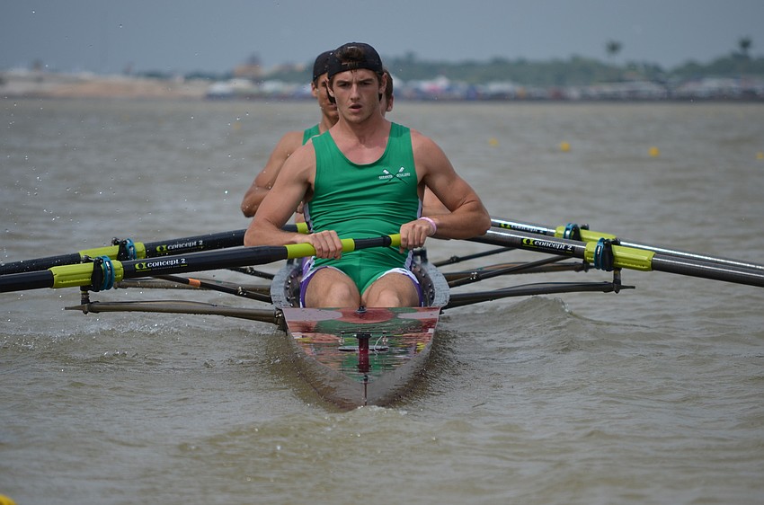 Sarasota Scullers Boys Varsity 4 took first in their heat. Victor Garguan and his teammates finished with a time of 3:35.