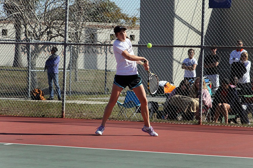 Riverviewâ€™s Emily Schofield take her racket back as she prepares to hit the ball.