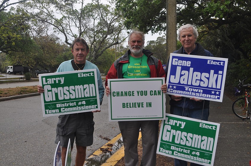 Jim Spencer campaigns for candidates Larry Grossman and Gene Jaleski outside of Town Hall.