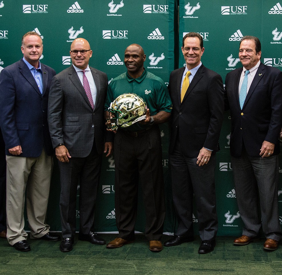 From left: USF athletic director Michael Kelly, Valley National Bank&#39;s Joseph Chillura, USF head football coach Charlie Strong, Mark Fernandez of VNB and Joel Momberg, CEO of the USF Foundation. Courtesy photo.