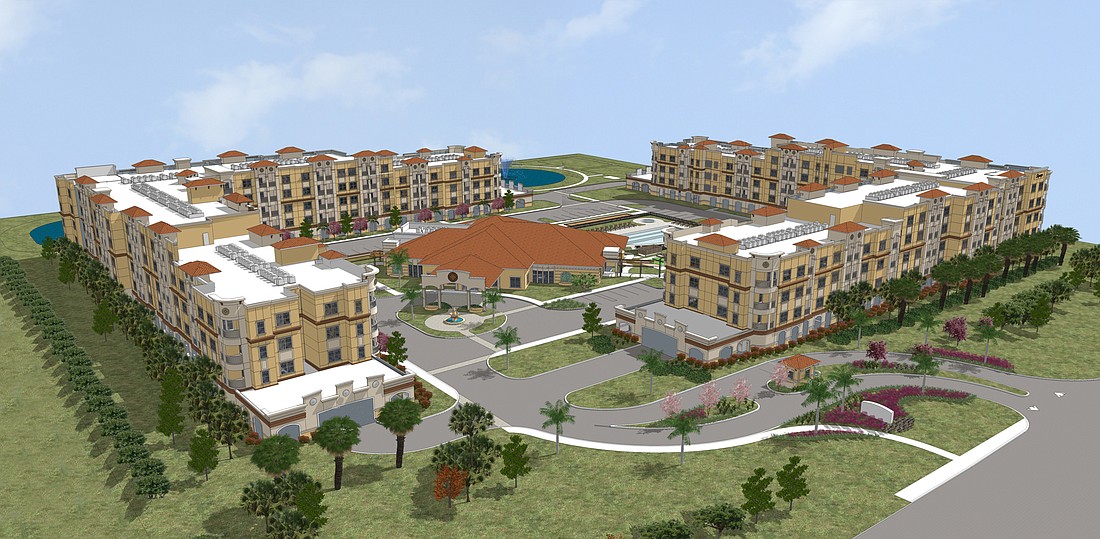 A rendering of the proposed Alloro at University Groves senior living community.