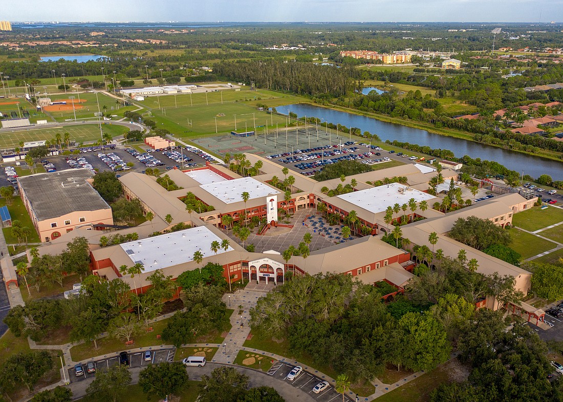 Aerial view of Estero High School, which was recently re-roofed by Target Roofing of Fort Myers. Courtesy Target Roofing