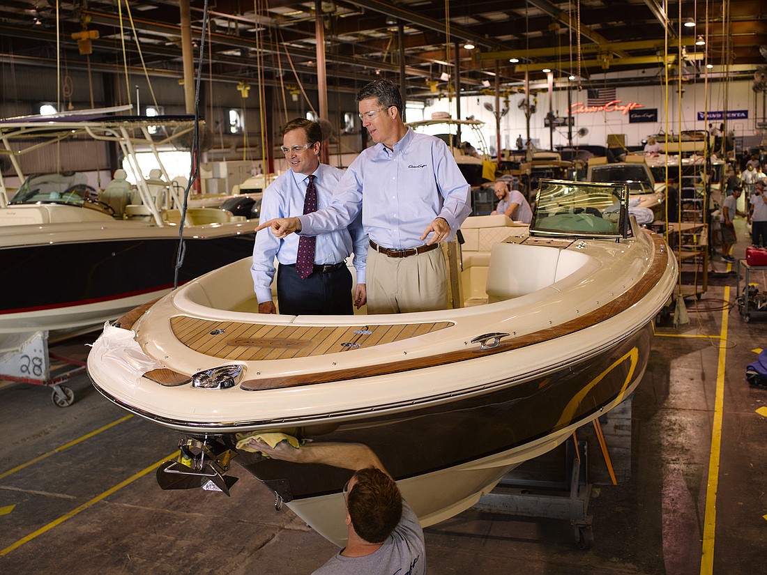Valley Bank Commercial Banking Manager Ron Ciganek (left) spends time in the field with clients and building relationships, such as this visit with a client at Chris-Craft Corp. in Sarasota. Courtesy Valley Bank