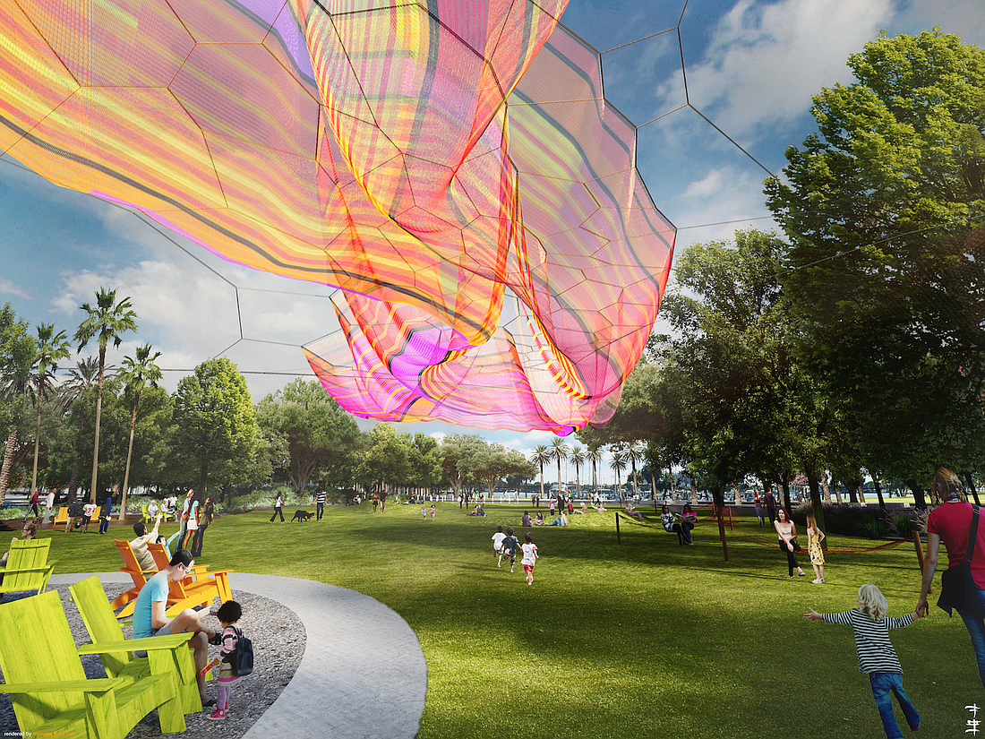A rendering of the "Bending Arc" aerial art installation planned for the new St. Pete Pier District. Courtesy photo.