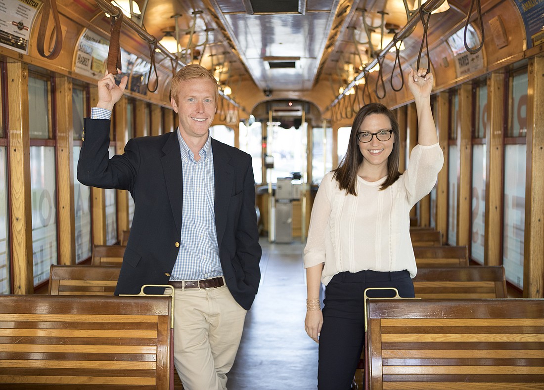 Mark Wemple. Tyler Hudson and Christina Barker, pictured here aboard the TECO Line Streetcar in downtown Tampa, helped win passage of a sales-tax increase to fund transportation improvements in Hillsborough County.