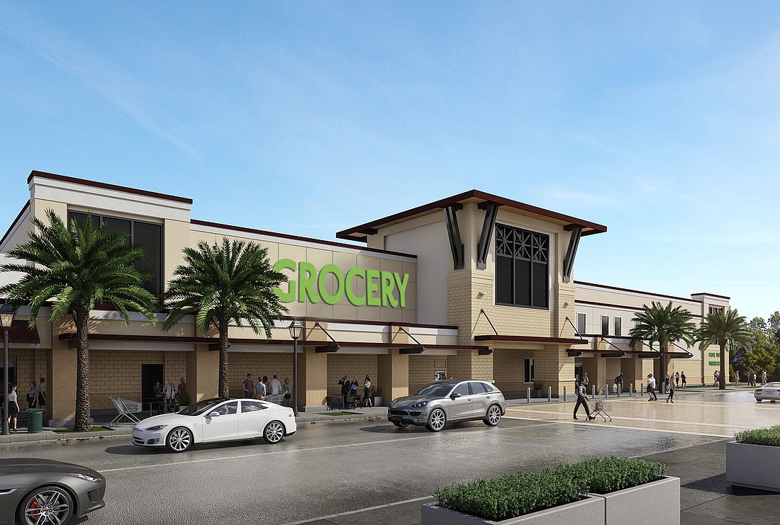 Located at a new entrance to Babcock Ranch, the 85,600-square-foot Crescent B Commons shopping center will be anchored by a major grocery store. Courtesy Babcock Ranch