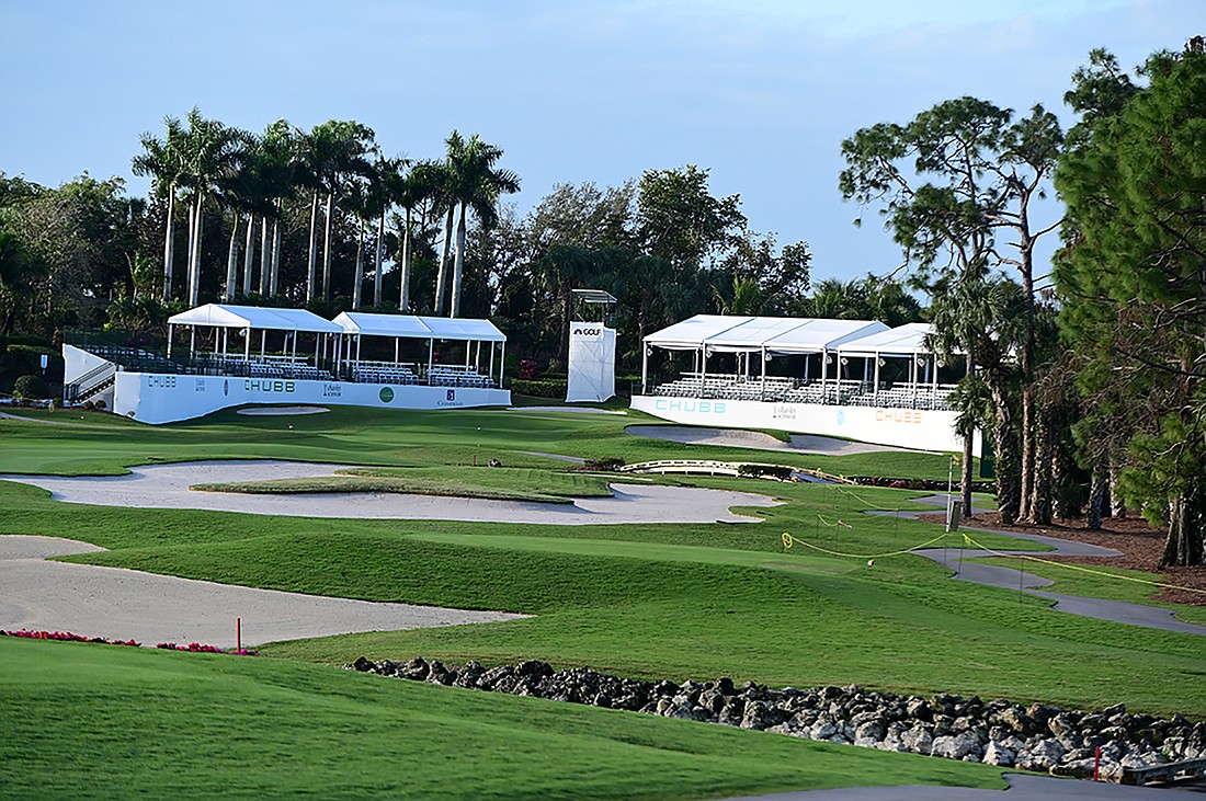 Grandstands for the Chubb Classic surround the 18th green at The Classics course at Lely Resort Golf and Country Club. Courtesy Lely Resort