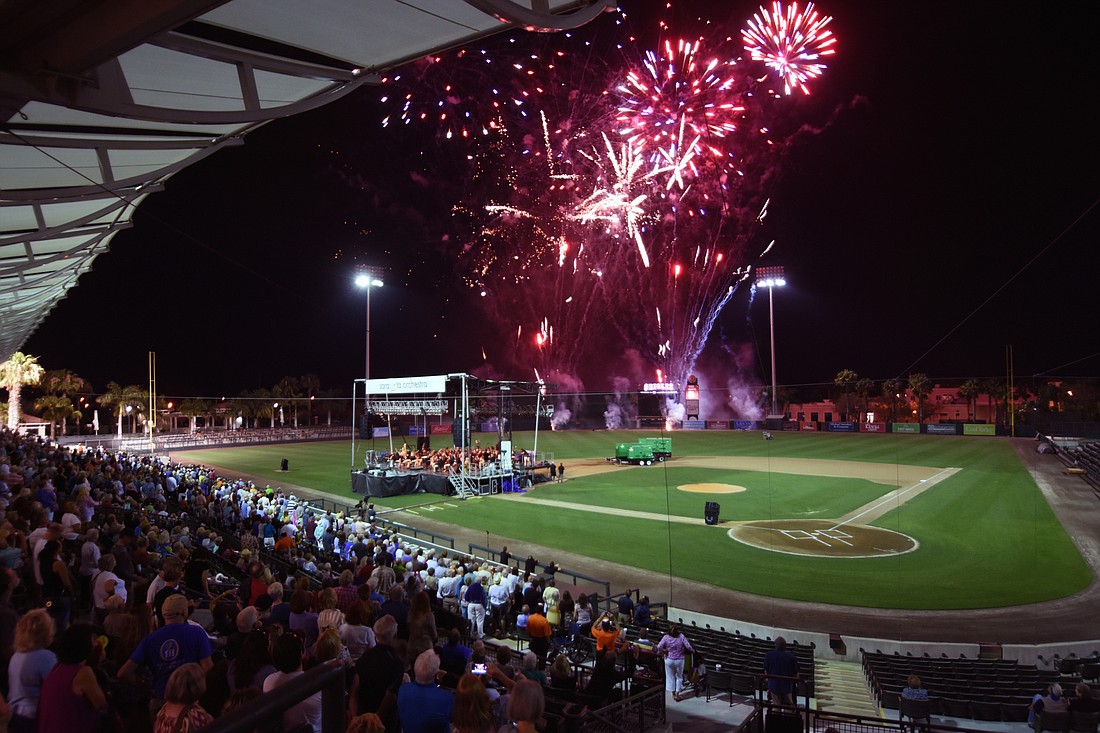 Courtesy, Baltimore Orioles. Post-concert fireworks lit up the sky after a Sarasota Orchestra performance at Ed Smith Stadium in May 2017.