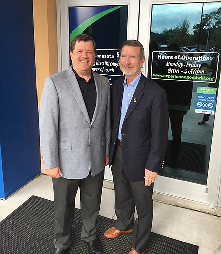 Courtesy. Goodwill Manasota board chair Brad West with President and CEO Bob Rosinsky. West wasÂ recently elected as the new board chair.