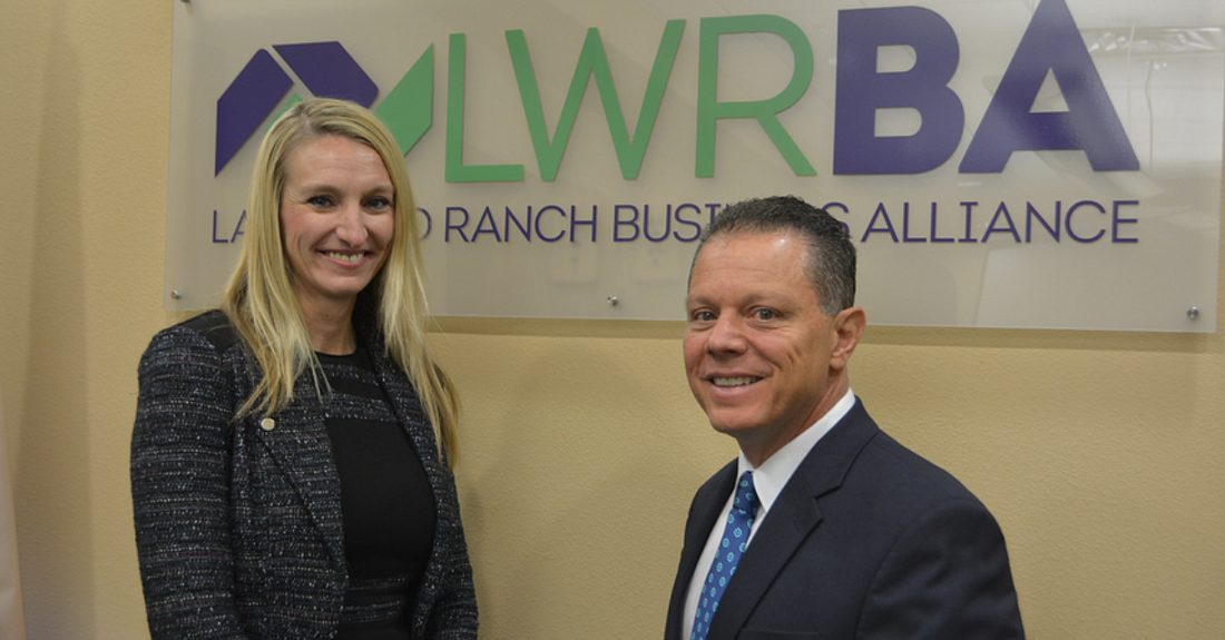 Lakewood Ranch Business AllianceÂ Chairman Heather Williams with Dominic DiMaio, who was appointed as the organization&#39;s new president and CEO.
