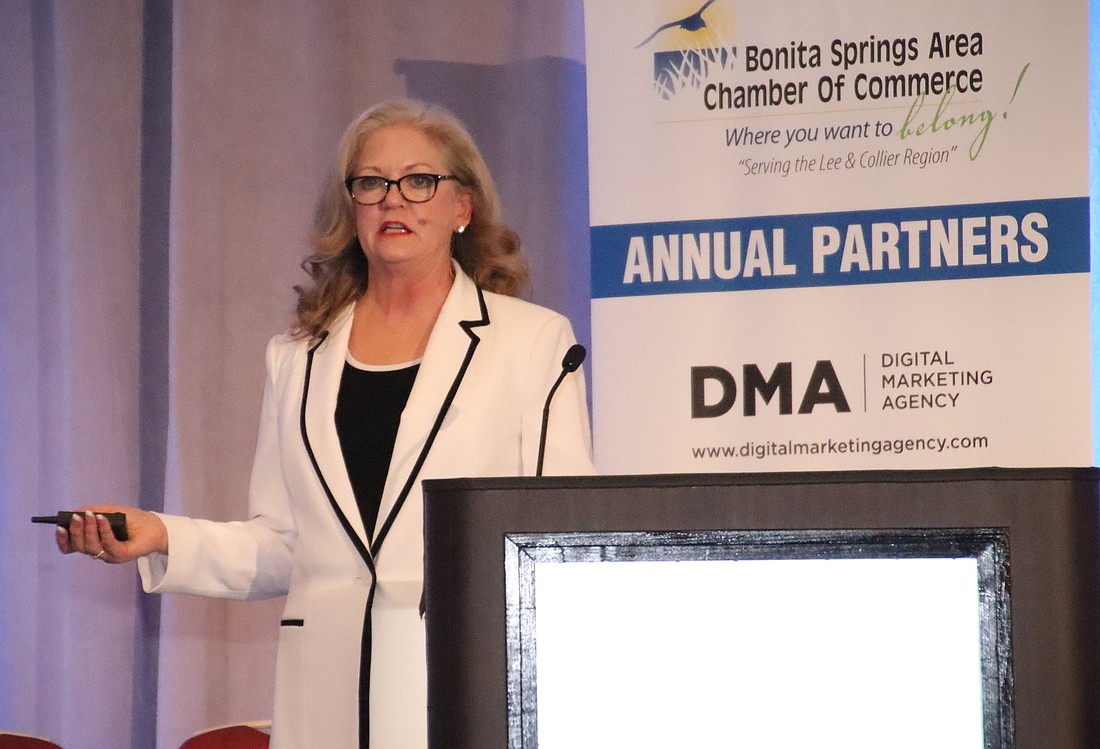 Dianne Jacob gave a presentation to a large audience at the Bonita Springs Area Chamber of Commerce&#39;s annual awards celebration at the Hyatt Coconut Point in Estero. Photo by Jim Jett.